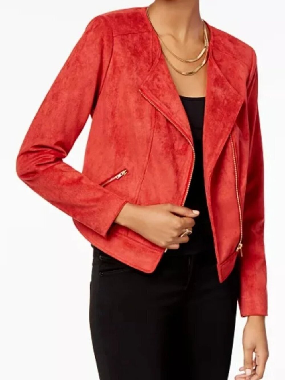 Thalia Sodi Women's Red Lipstick Faux Suede Long Sleeve Lined Bomber Jacket XL